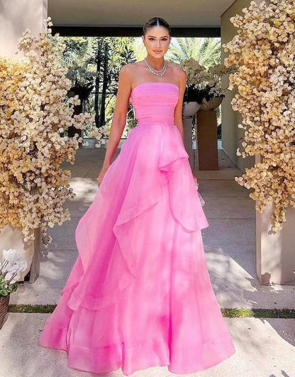 Hot Pink A Line Strapless Organza Prom Dress Off Shoulder Long