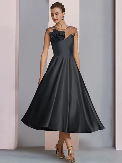 A-Line Mother of the Bride Dress Wedding Guest Party Elegant Scoop Neck Tea Length Satin Half Sleeve with Flower