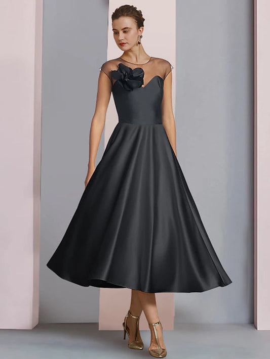 A-Line Mother of the Bride Dress Wedding Guest Party Elegant Scoop Neck Tea Length Satin Half Sleeve with Flower