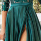 A-Line Evening Gown Elegant Dress Wedding Party Floor Length Half Sleeve Illusion Neck Satin with Pleats Sequin