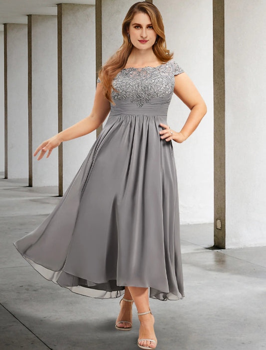 A-Line Plus Size Curve Mother of the Bride Dresses Elegant Dress Formal Wedding Guest Tea Length Short Sleeve Jewel Neck Chiffon with Pleats Ruched