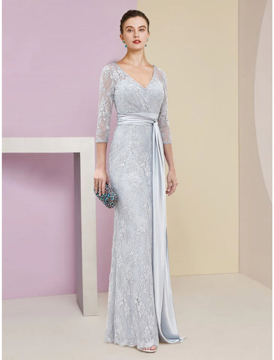 A-Line Mother of the Bride Dress Wedding Guest Elegant V Neck Floor Length Chiffon Lace 3/4 Length Sleeve with Ruching