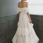 Beach Wedding Dresses Sweep / Brush Train A-Line Cap Sleeve Off Shoulder Tulle