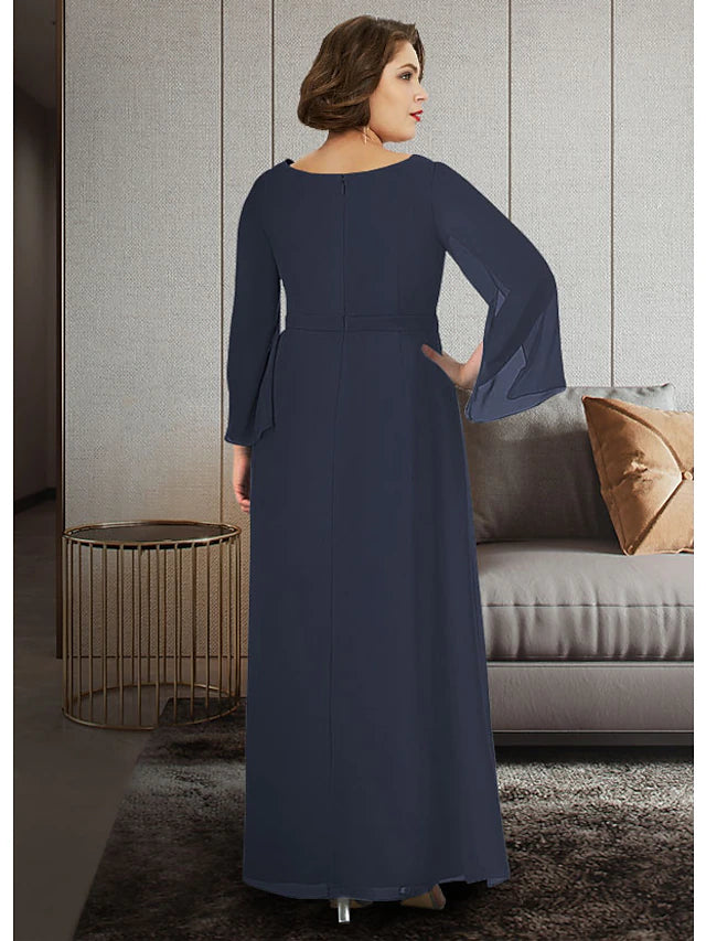 A-Line Mother of the Bride Dress Plus Size Elegant V Neck Ankle Length Chiffon 3/4 Length Sleeve with Sash / Ribbon