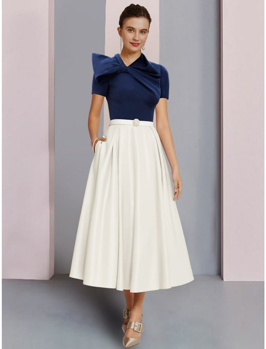 A-Line Mother of the Bride Dress Wedding Guest Elegant Jewel Neck Tea Length Satin Short Sleeve with Bow(s)