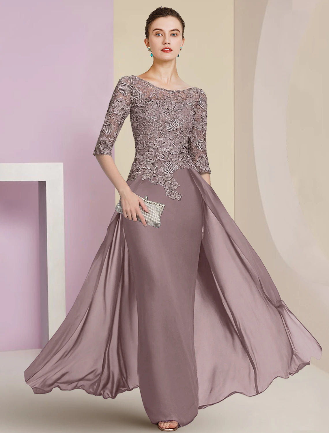 Sheath / Column Mother of the Bride Dress Formal Wedding Guest Elegant Scoop Neck Floor Length Chiffon Lace Half Sleeve