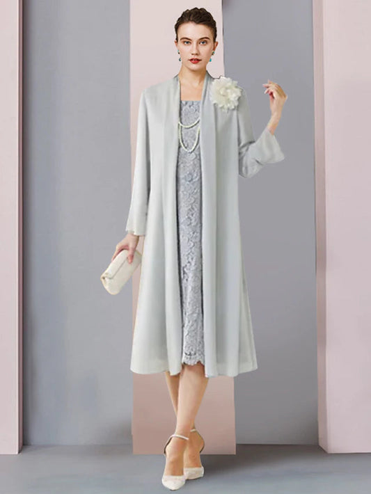 Two Piece Sheath / Column Mother of the Bride Dress Formal Wedding Guest Vintage Elegant Scoop Neck Tea Length Chiffon Lace 3/4 Length Sleeve Jacket Dresses