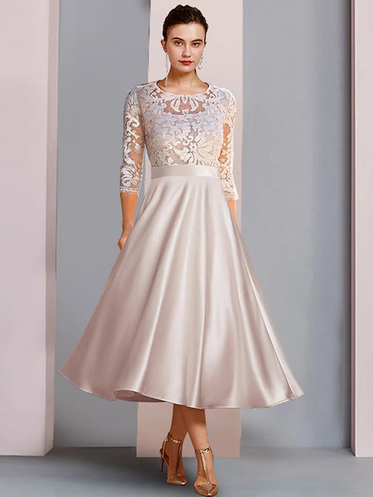 A-Line Mother of the Bride Dress Wedding Guest Party Elegant Scoop Neck Tea Length Satin Lace 3/4 Length Sleeve
