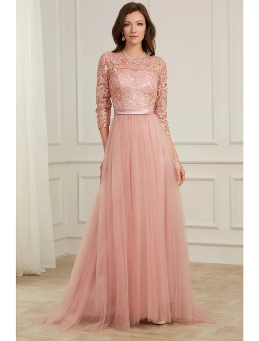 A-Line Evening Gown Spring Dress Party Wear Formal Evening Sweep / Brush Train Long Sleeve Jewel Neck Lace