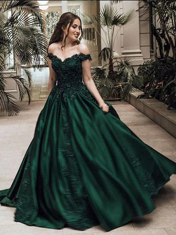 Ball Gown Off-the-Shoulder Sleeveless Floor-Length Lace Satin Prom Dresses Pure Color