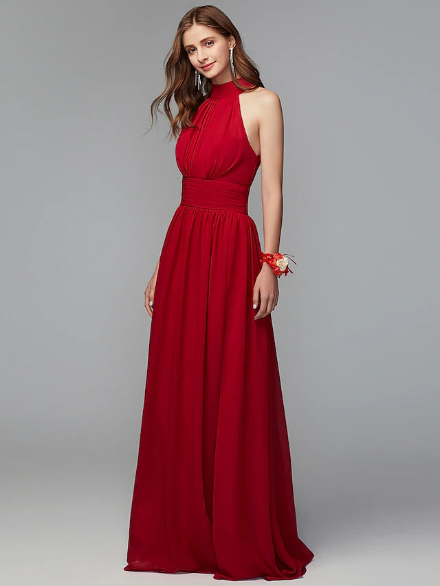 A-Line Bridesmaid Dress High Neck Sleeveless Furcal Floor Length Chiffon with Pleats / Split