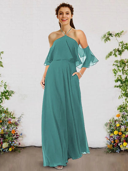 A-Line Bridesmaid Dress Halter Neck Sleeveless Elegant Floor Length Chiffon Pure Color