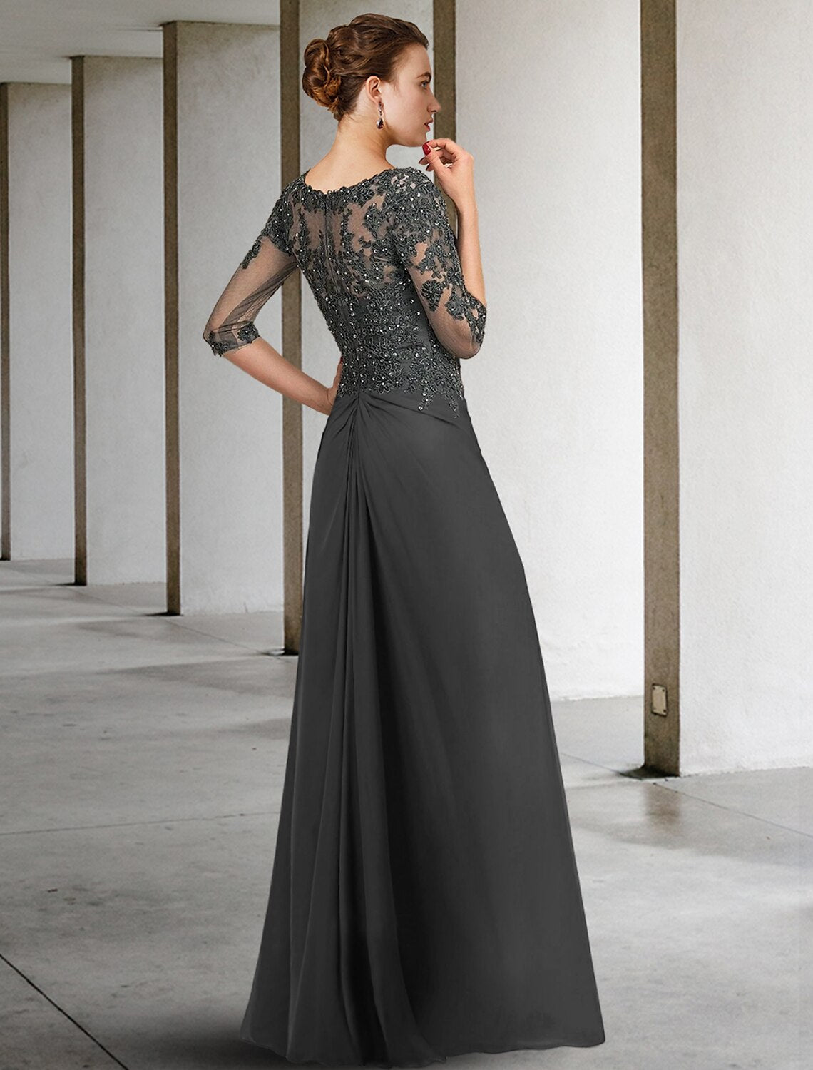 Sheath / Column Mother of the Bride Dress Formal Wedding Guest Party Elegant Square Neck Floor Length Chiffon Lace 3/4 Length Sleeve