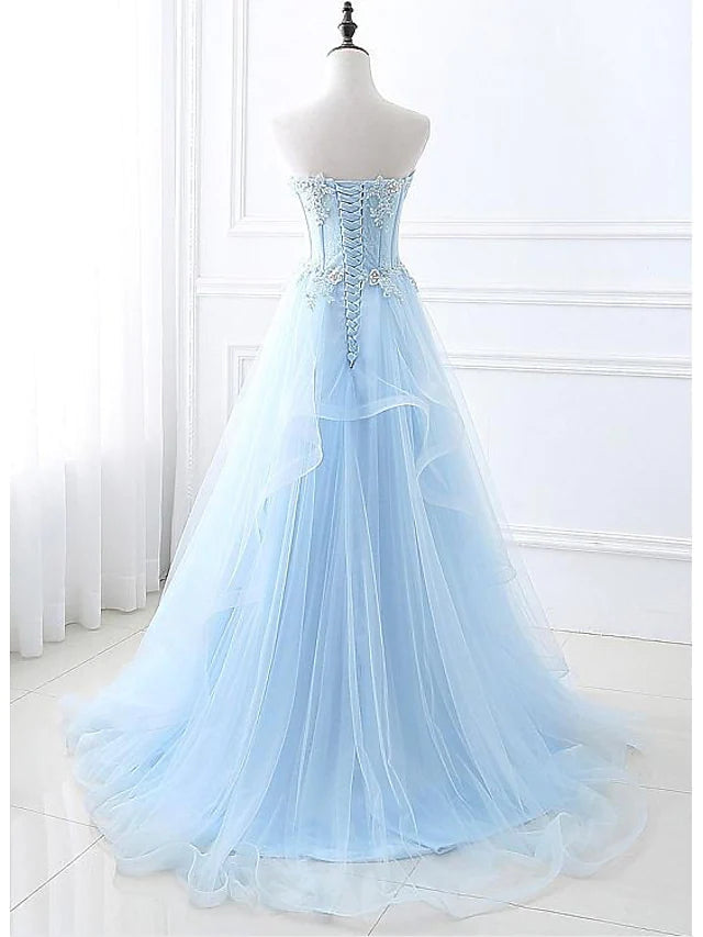 A-Line Sexy Floral Engagement Prom Birthday Dress Strapless Sleeveless Sweep / Brush Train Lace with Pleats