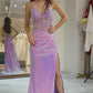 Sparkly Purple Sequined Mermaid Long Corset Prom Dress With Slit Sexy