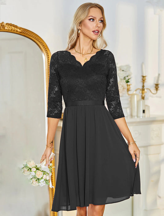 A-Line Cocktail Dresses Minimalist Dress Party Wear Knee Length Half Sleeve V Neck Chiffon