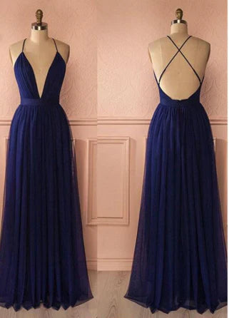 Evening Dress Prom Dresses Fashion Navy Blue Tulle Backless Backs V-neck Solid Color Bridesmaid Dress