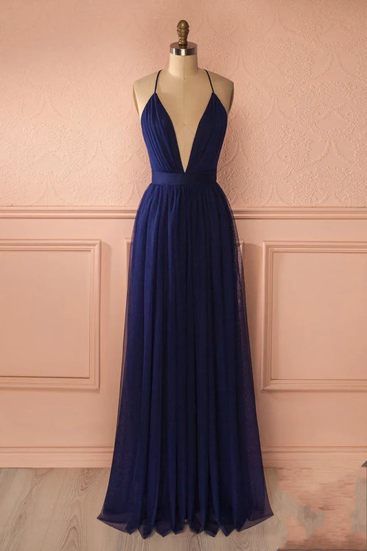 Evening Dress Prom Dresses Fashion Navy Blue Tulle Backless Backs V-neck Solid Color Bridesmaid Dress