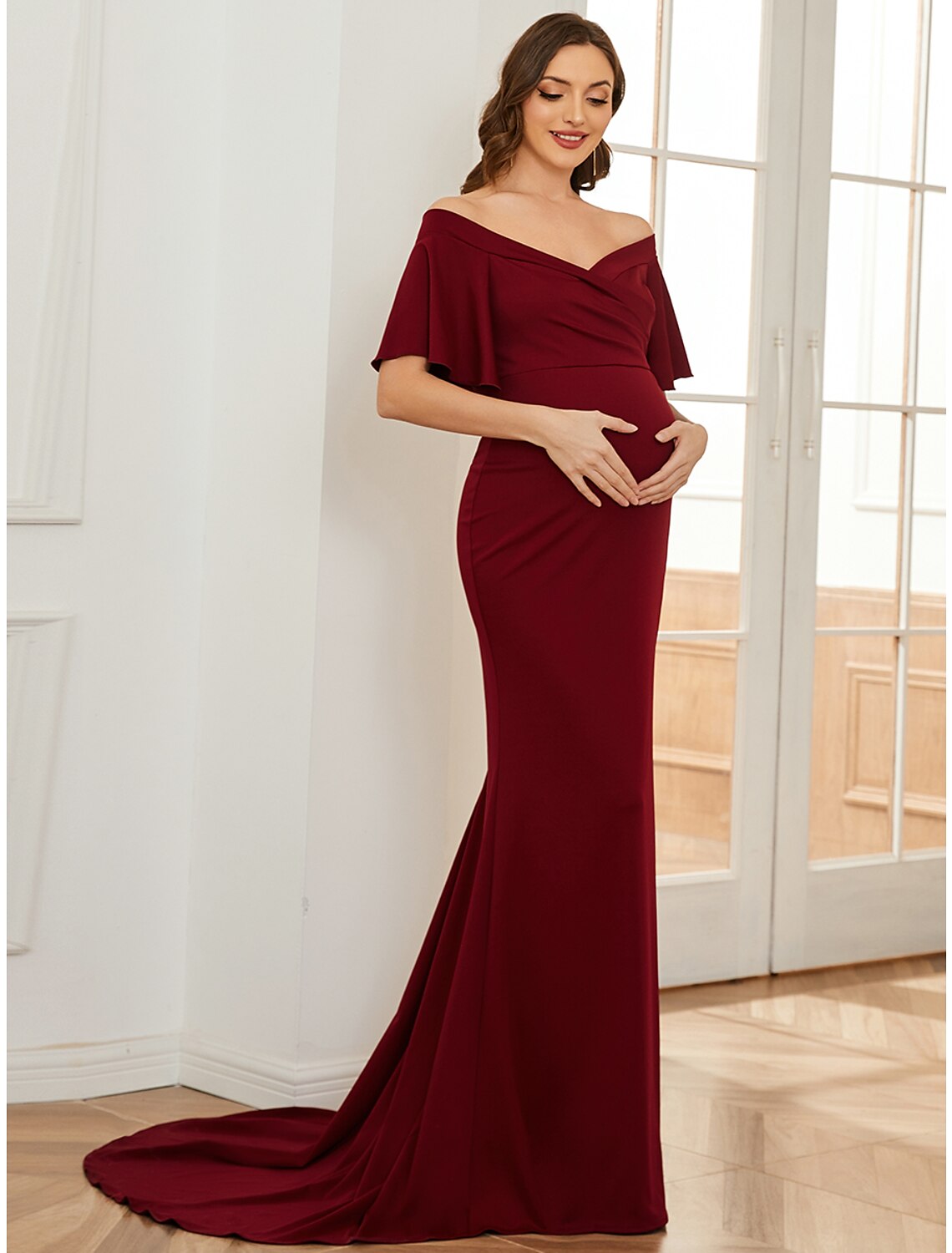 Mermaid / Trumpet Maternity Dresses Maternity Dress Formal Court Train Short Sleeve Off Shoulder Stretch Fabric with Ruched