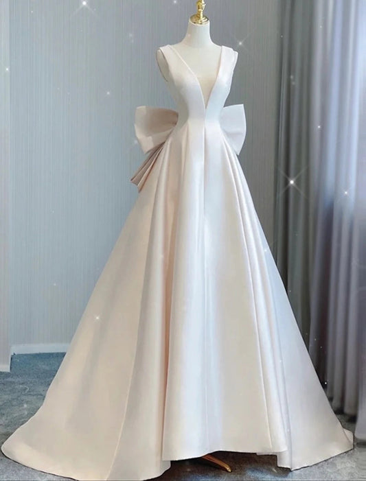Reception Casual Wedding Dresses A-Line V Neck Sleeveless Court Train Satin Bridal Gowns With Bow(s)