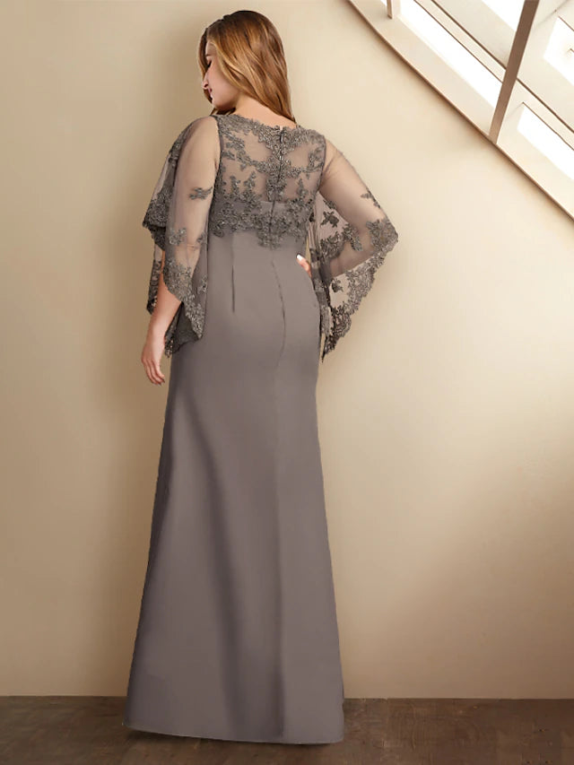 Sheath / Column Plus Size Curve Mother of the Bride Dresses Elegant Dress Formal Floor Length Half Sleeve Jewel Neck Chiffon