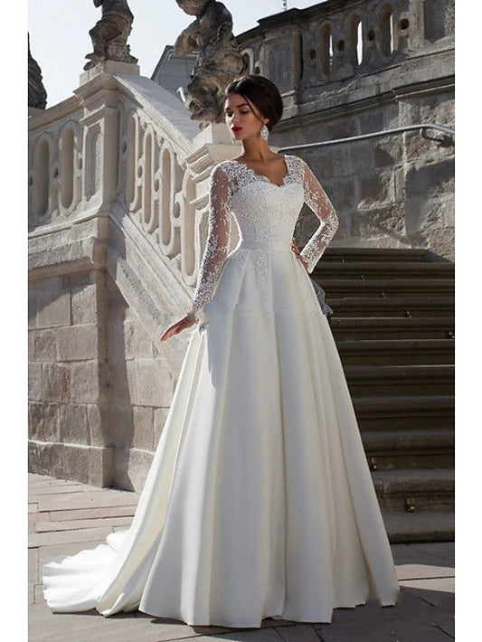 Engagement Formal Wedding Dresses Court Train A-Line Long Sleeve V Neck Satin