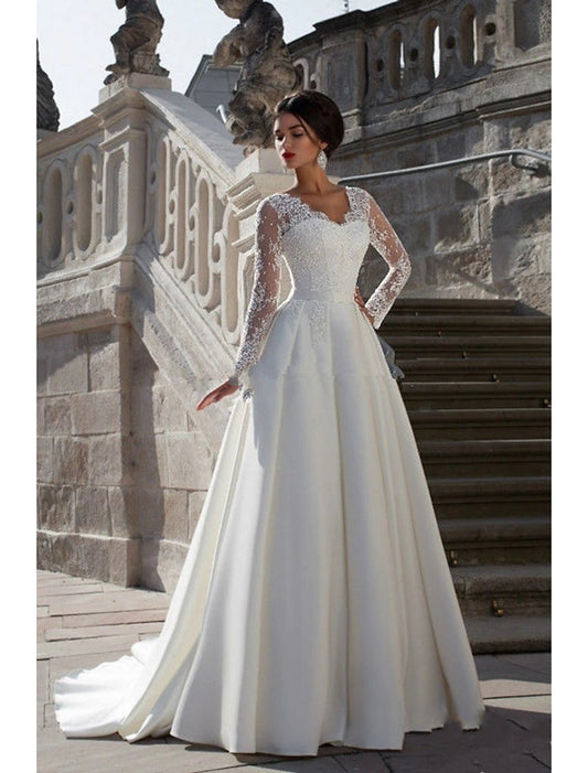 Engagement Formal Fall Wedding Dresses A-Line V Neck Long Sleeve Court Train Satin Bridal Gowns