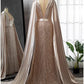 A-Line Evening Gown Elegant Dress Formal Court Train Long Sleeve Illusion Neck Stretch Satin with Pleats Ruched