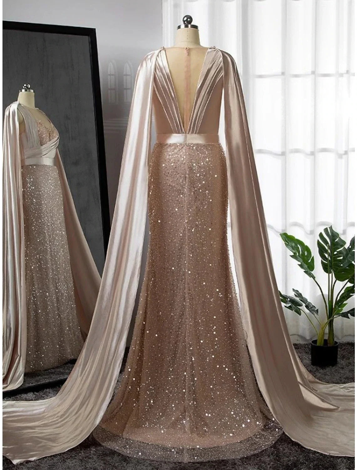 A-Line Evening Gown Elegant Dress Formal Court Train Long Sleeve Illusion Neck Stretch Satin with Pleats Ruched