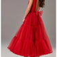 A-Line Prom Dresses Princess Dress Wedding Guest Tea Length Sleeveless V Neck Tulle with Bow(s)