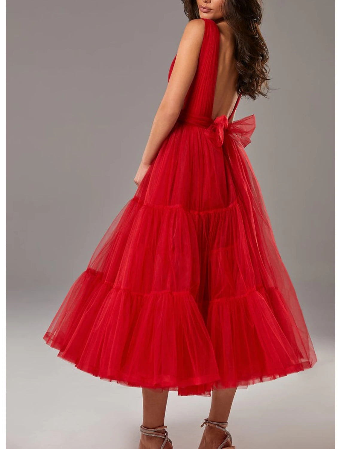 A-Line Prom Dresses Princess Dress Wedding Guest Tea Length Sleeveless V Neck Tulle with Bow(s)