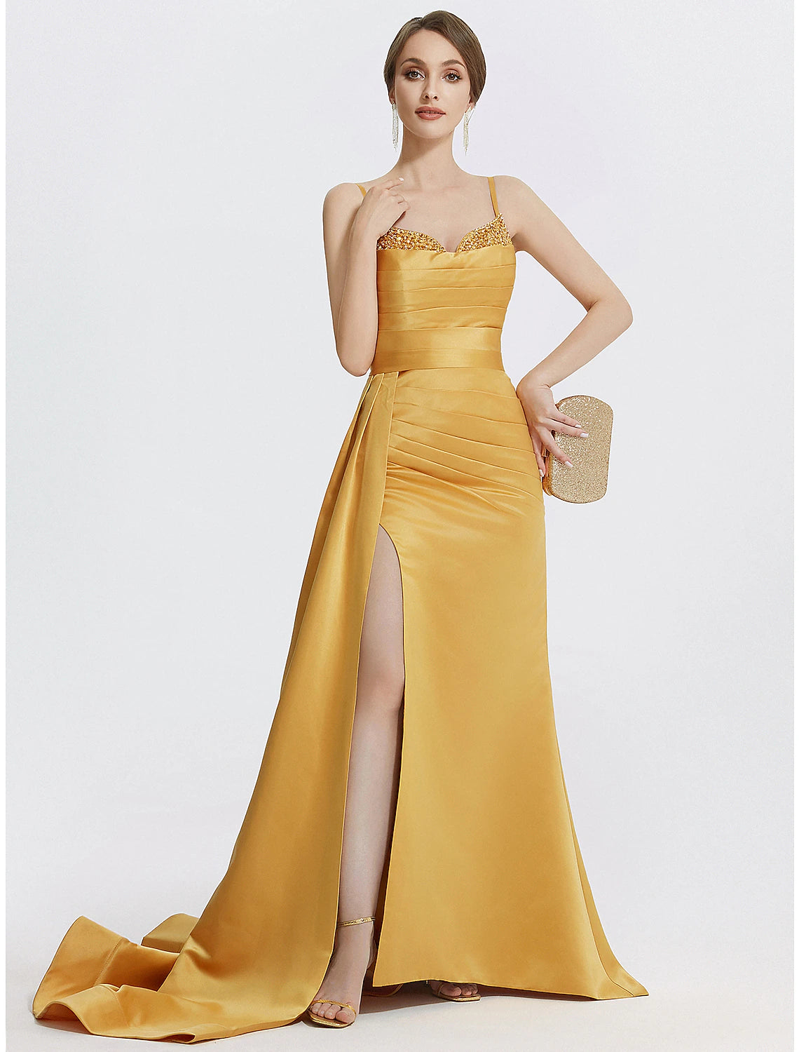 A-Line Evening Gown Sparkle Dress Wedding Prom Sweep / Brush Train Sleeveless Spaghetti Strap Satin