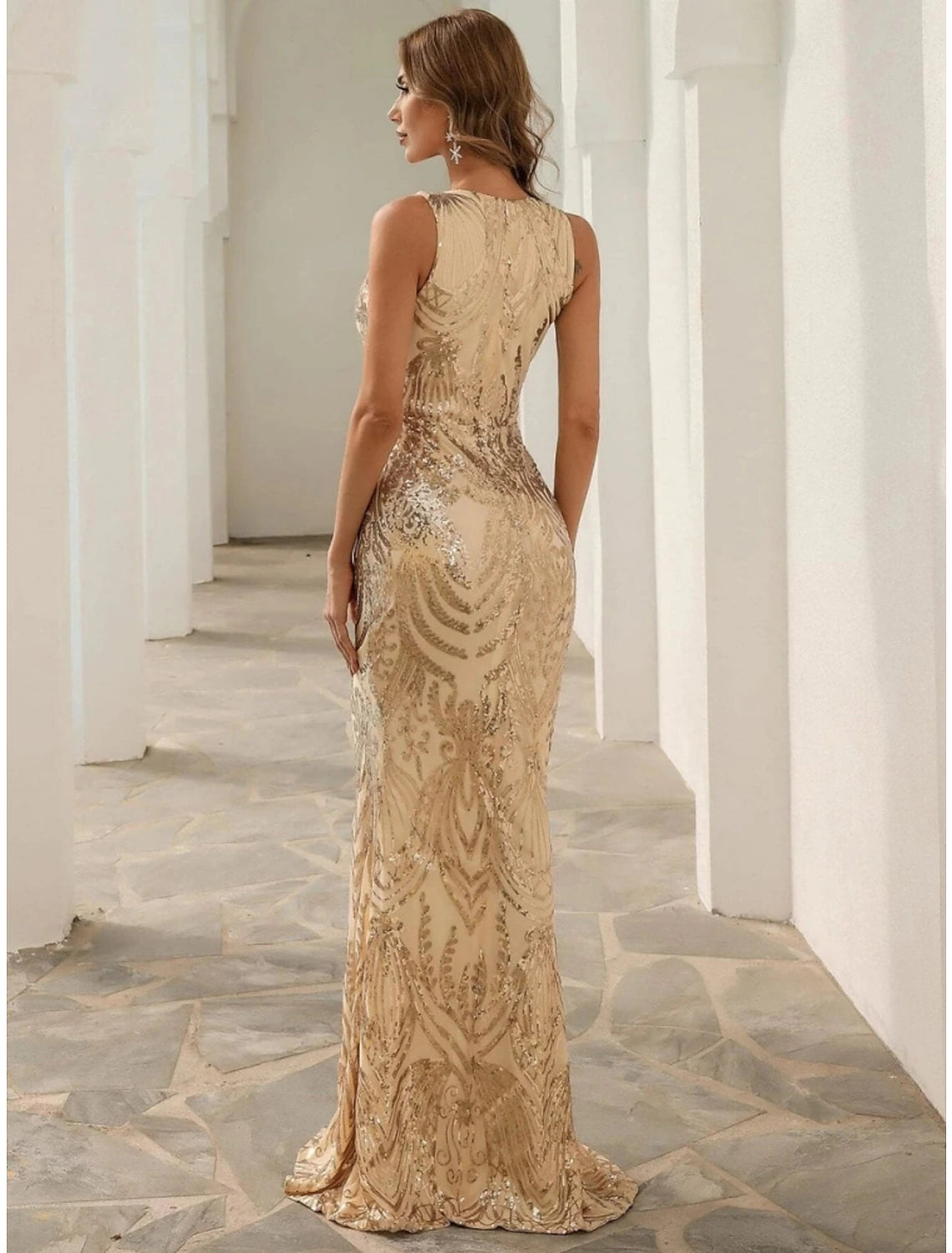 Mermaid / Trumpet Evening Gown Elegant Dress Formal Sweep / Brush Train Sleeveless V Neck Stretch Fabric