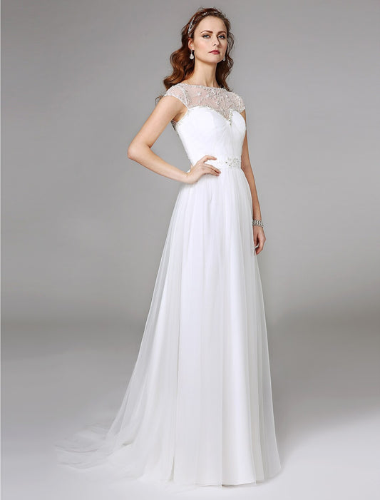 A-Line Illusion Neck Sweep / Brush Train Tulle Made-To-Measure Wedding Dresses with Beading