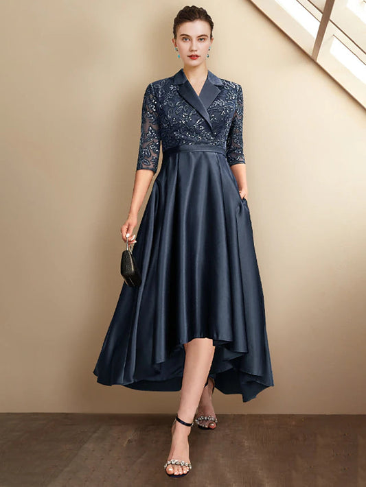 A-Line Mother of the Bride Dress Plus Size Elegant High Low Shirt Collar Asymmetrical Tea Length Satin Lace Half Sleeve with Pleats Sequin