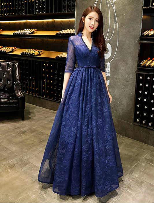 A-Line Evening Gown Beautiful Back Dress Wedding Guest Floor Length Half Sleeve V Neck Lace