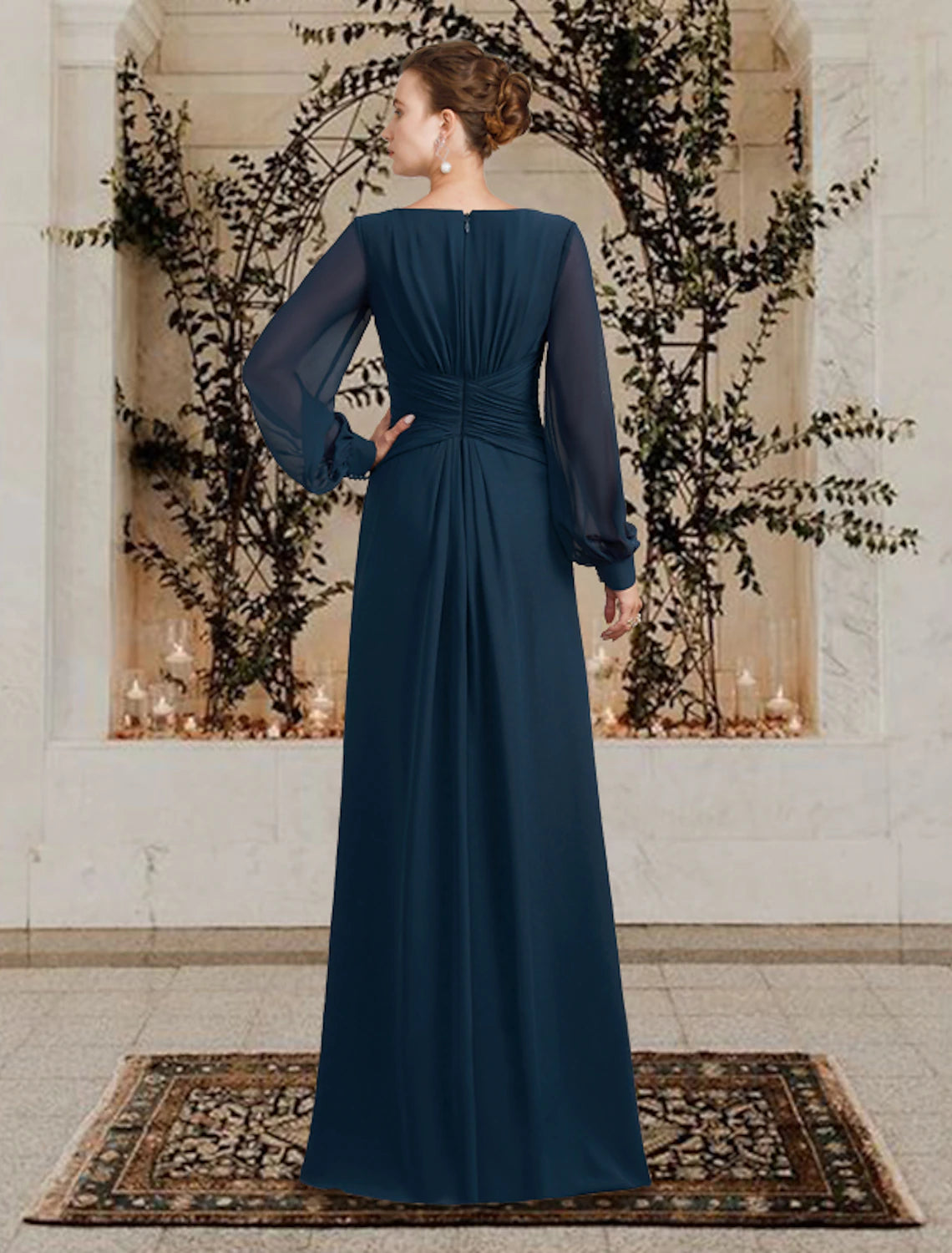 A-Line Mother of the Bride Dress Wedding Guest Plus Size Elegant V Neck Floor Length Chiffon Long Sleeve with Ruched Ruffles