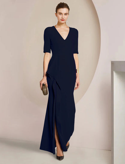 Sheath / Column Mother of the Bride Dress Formal Wedding Guest Elegant V Neck Floor Length Satin Half Sleeve with Split Front