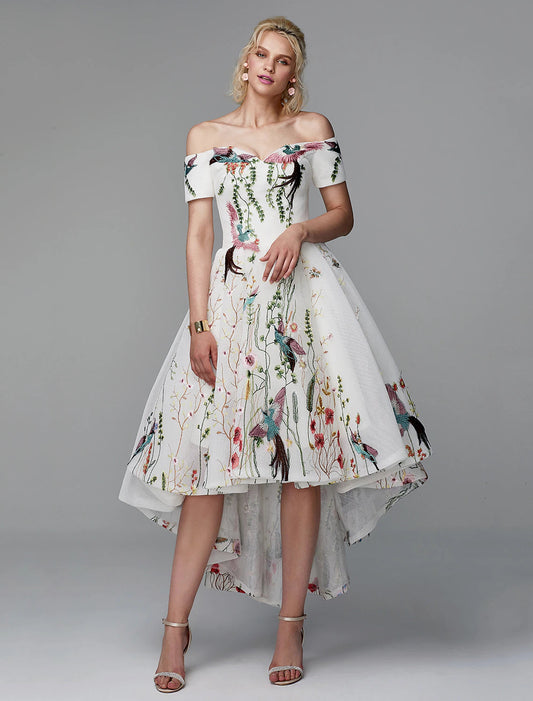 Ball Gown Cute Dress Wedding Guest Cocktail Party Asymmetrical Short Sleeve Off Shoulder Polyester