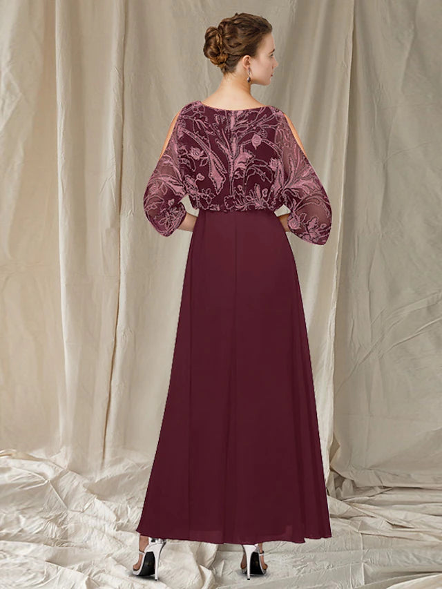 A-Line Mother of the Bride Dress Elegant Jewel Neck Floor Length Chiffon Lace Half Sleeve