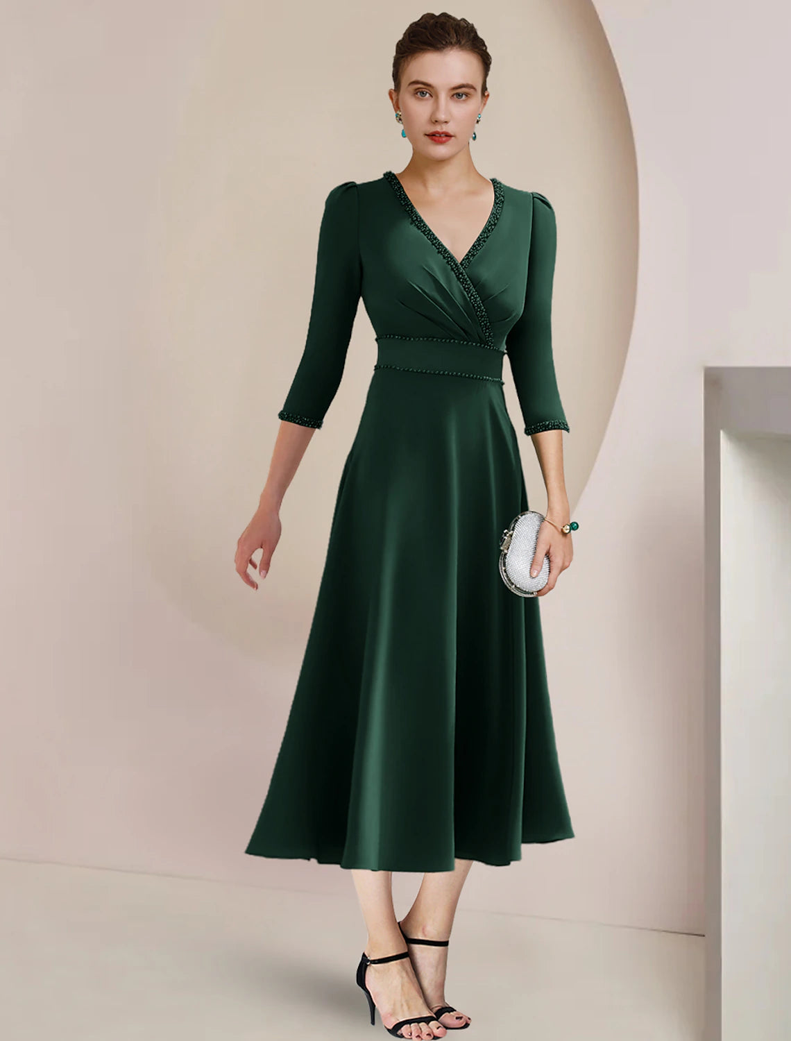 A-Line Mother of the Bride Dress Formal Wedding Guest Party Elegant V Neck Tea Length Stretch Fabric 3/4 Length Sleeve with Beading