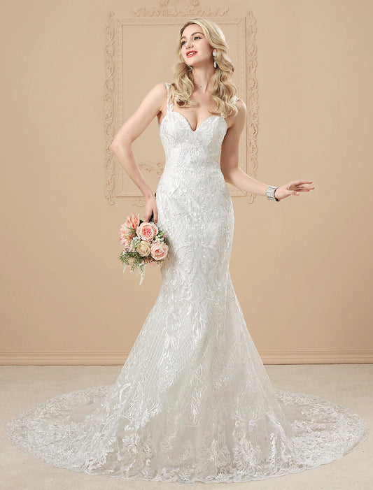 Wedding Dresses Mermaid / Trumpet Sweetheart Spaghetti Strap Chapel Train Satin Bridal Gowns With Buttons