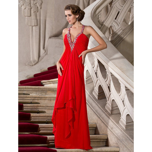 A-Line Celebrity Style Dress Wedding Guest Formal Evening Floor Length Sleeveless Plunging Neck Chiffon