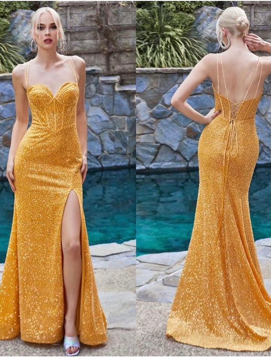 Mermaid / Trumpet Evening Gown Elegant Dress Formal Prom Sweep / Brush Train Sleeveless Spaghetti Strap Sequined with Glitter