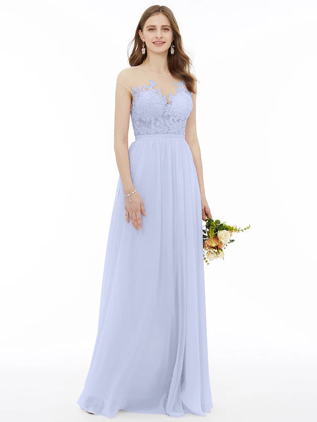 A-Line Bridesmaid Dress Illusion Neck Sleeveless Illusion Detail Floor Length Chiffon / Floral Lace with Sash / Ribbon