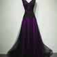 Black and Tulle V-neckline Beaded Lace Long Party Dress A-line Prom Dress Evening Dresses december wedding guest dress