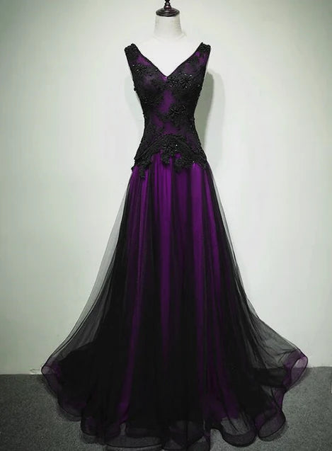 Black and Tulle V-neckline Beaded Lace Long Party Dress A-line Prom Dress Evening Dresses december wedding guest dress