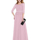 A-Line Mother of the Bride Dress Elegant Jewel Neck Floor Length Chiffon Lace Bodice 3/4 Length Sleeve with Sash / Ribbon