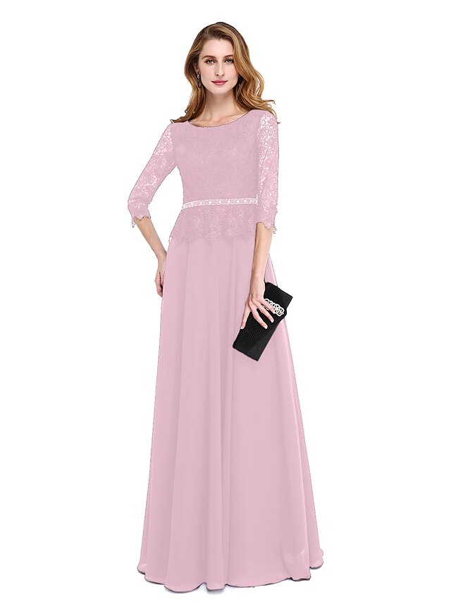 A-Line Mother of the Bride Dress Elegant Jewel Neck Floor Length Chiffon Lace Bodice 3/4 Length Sleeve with Sash / Ribbon