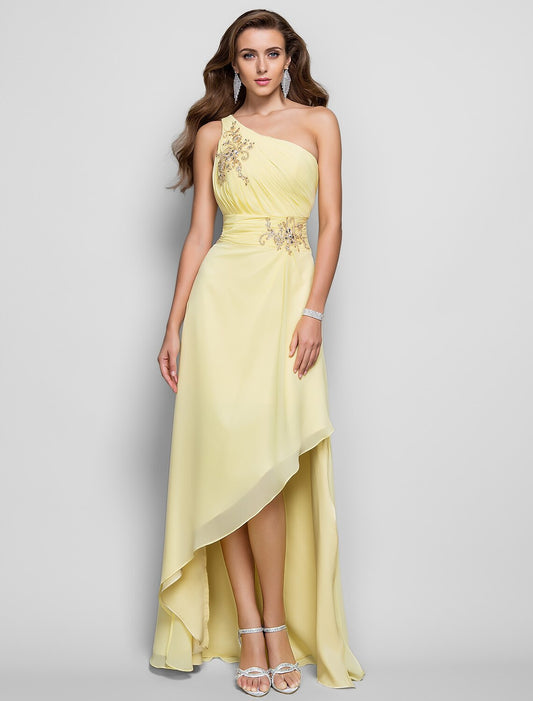 Sheath / Column Elegant Dress Wedding Guest Cocktail Party Asymmetrical Sleeveless One Shoulder Bridesmaid Dress Chiffon with Beading Slit